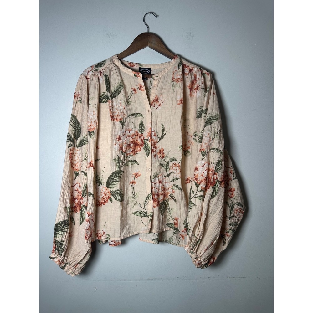 🎃 Scoop Womens XL Floral Balloon Sleeve Blouse Peach Rust Cottage Boho
